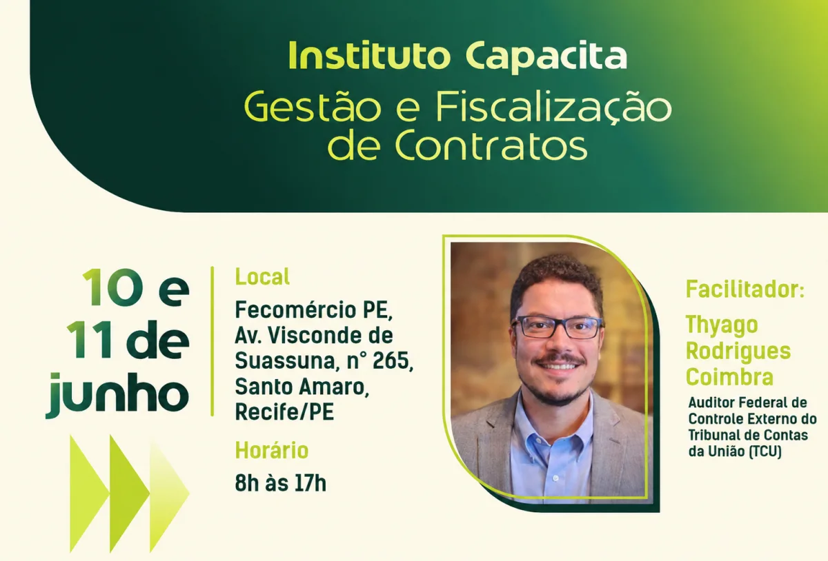 Curso de gestão e fiscalização de contratos no Recife nos dias 10 e 11 de junho